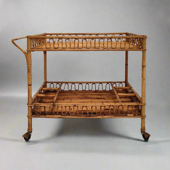 Image 1 of 1960S Gorgeous Bamboo & Rattan Serving Bar Cart Trolley