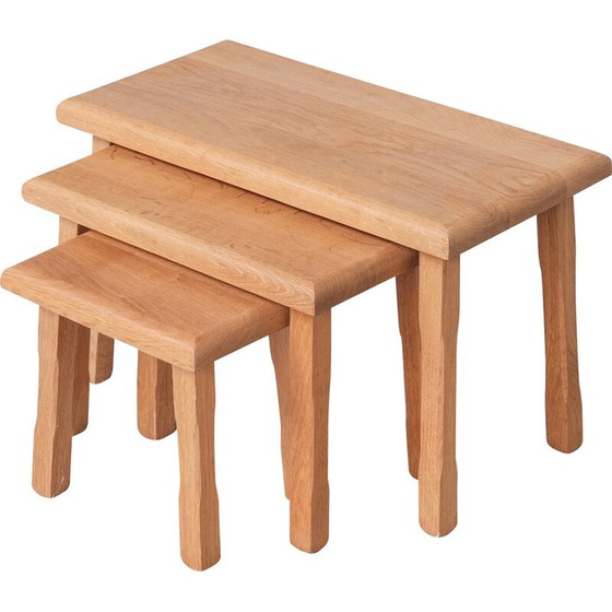 Image 1 of Set of 3 vintage blonde oakwood nesting tables, Belgium 1970s