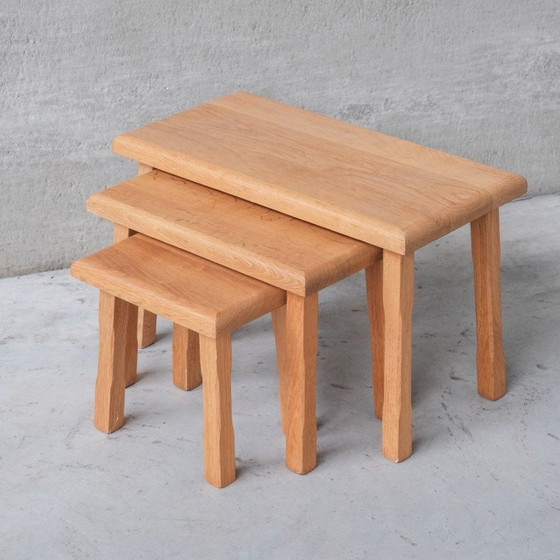Image 1 of Set of 3 vintage blonde oakwood nesting tables, Belgium 1970s