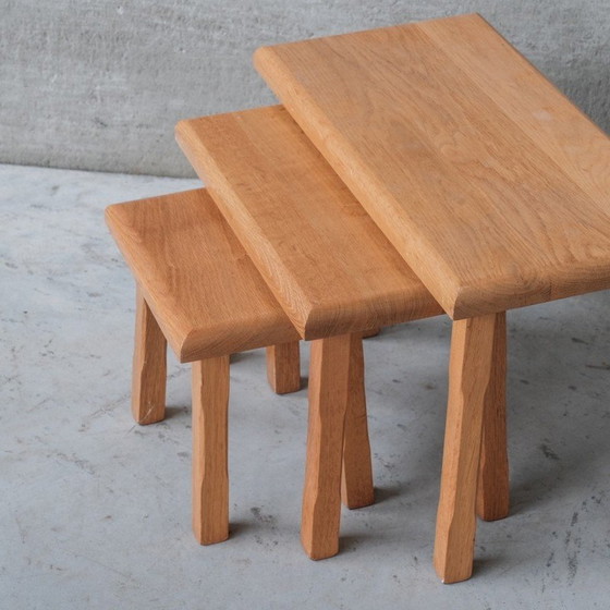 Image 1 of Set of 3 vintage blonde oakwood nesting tables, Belgium 1970s
