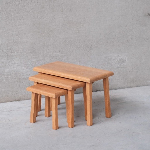 Set of 3 vintage blonde oakwood nesting tables, Belgium 1970s
