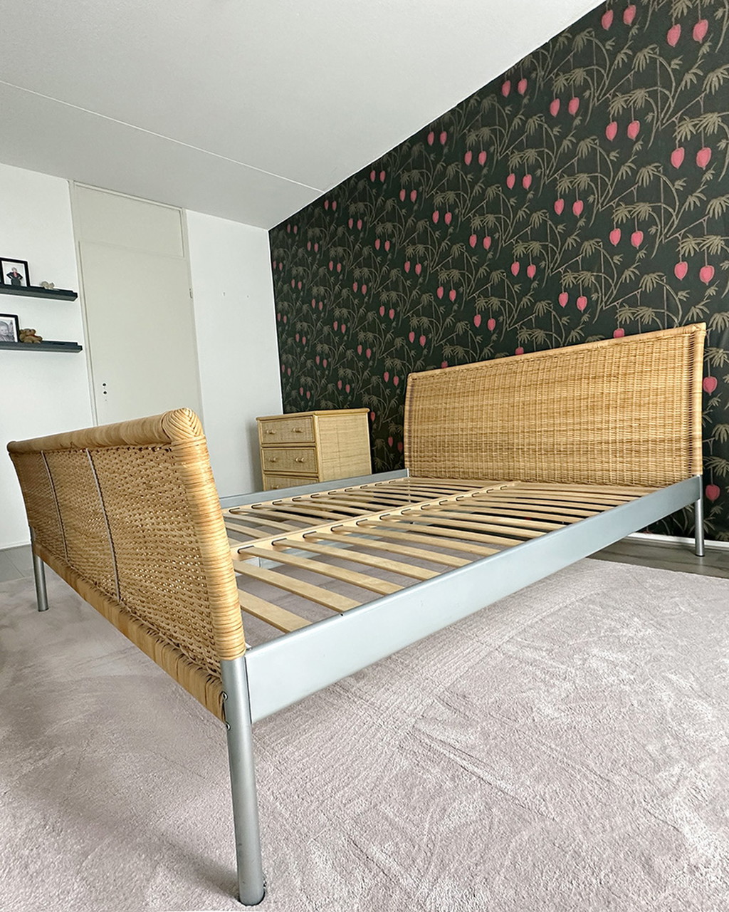Vintage rattan 2001 Dokka IKEA bed with slats