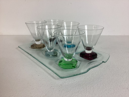 Set of Art Deco Colored Glasses With Matching Tray Glass