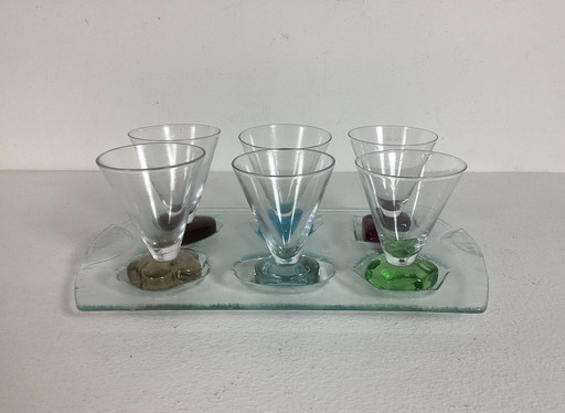 Set of Art Deco Colored Glasses With Matching Tray Glass