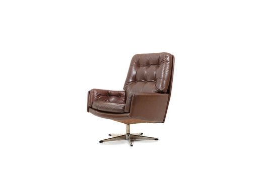 Danish Brown Leather Swivel Chair, 1960s