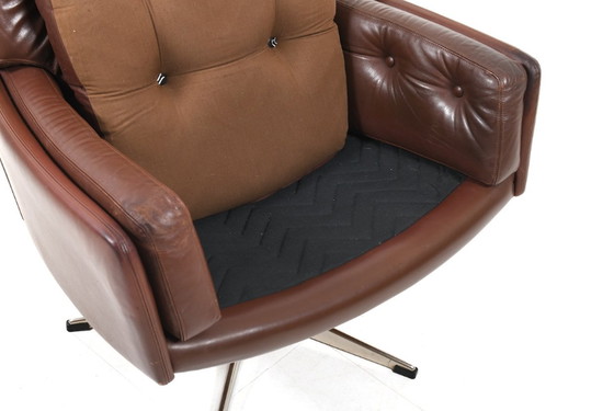 Image 1 of Danish Brown Leather Swivel Chair, 1960s