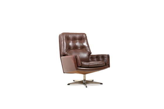 Image 1 of Danish Brown Leather Swivel Chair, 1960s