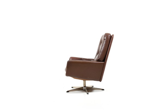 Image 1 of Danish Brown Leather Swivel Chair, 1960s