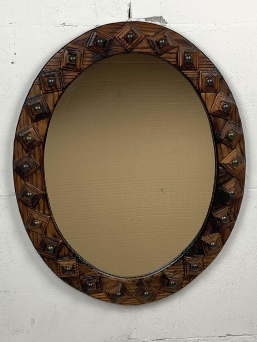 Brutalist Handmade Wooden Mirror, Belgium, 1960S