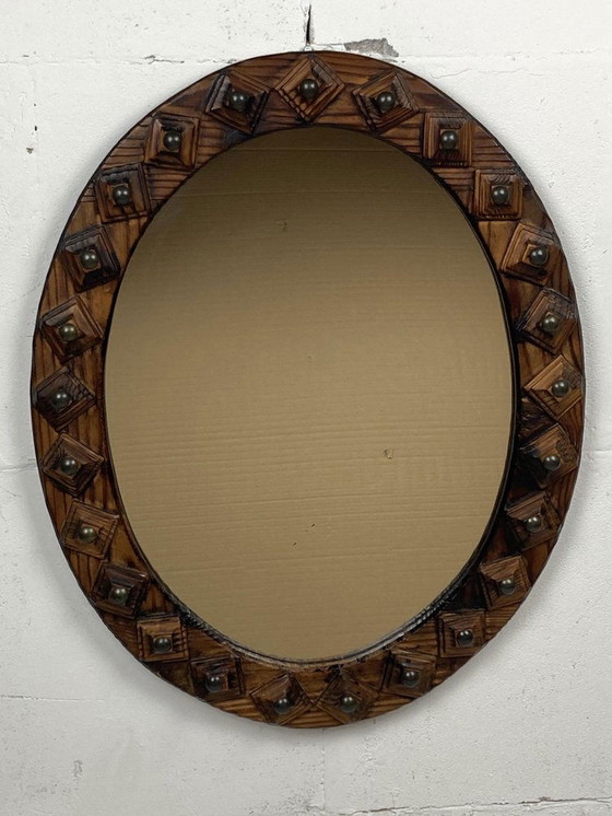 Image 1 of Brutalist Handmade Wooden Mirror, Belgium, 1960S