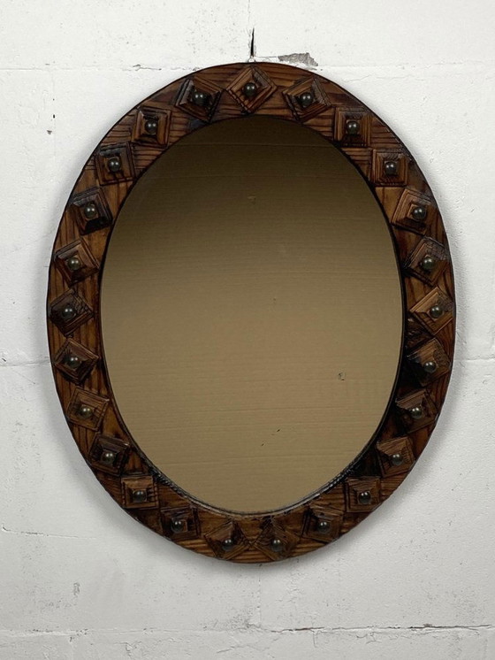 Image 1 of Brutalist Handmade Wooden Mirror, Belgium, 1960S