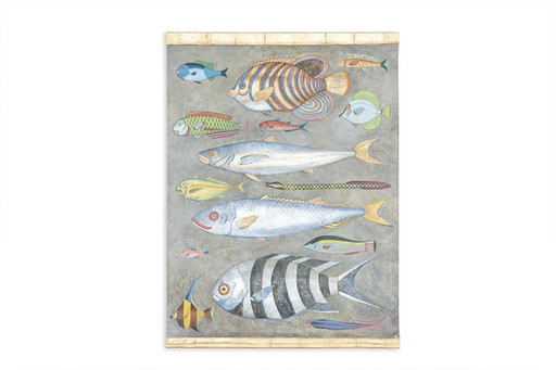 Lienzo pintado que representa una tabla de pescado. Obra contemporánea.