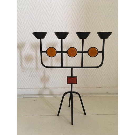 Vintage metal and glass candle holder by Erik Hoglund, 1960