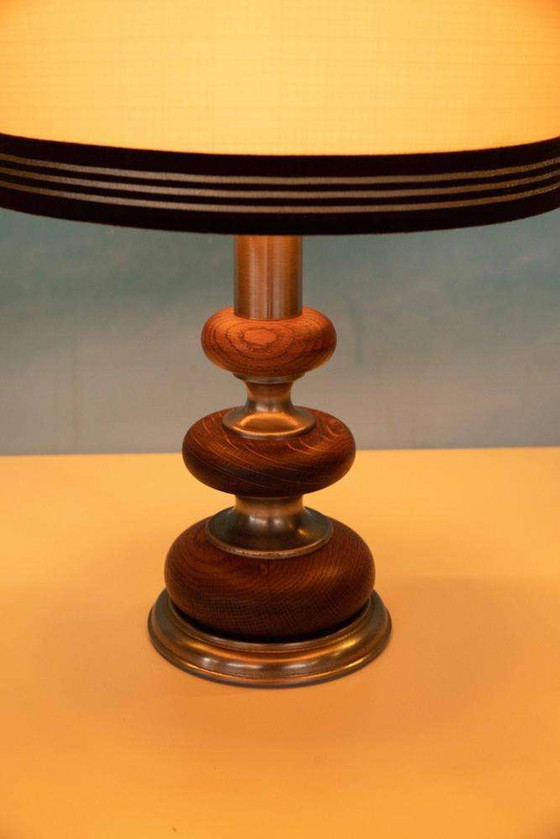 Image 1 of Lampe de table bohème des années 1960, lampadaire en bois de l'ère spatiale