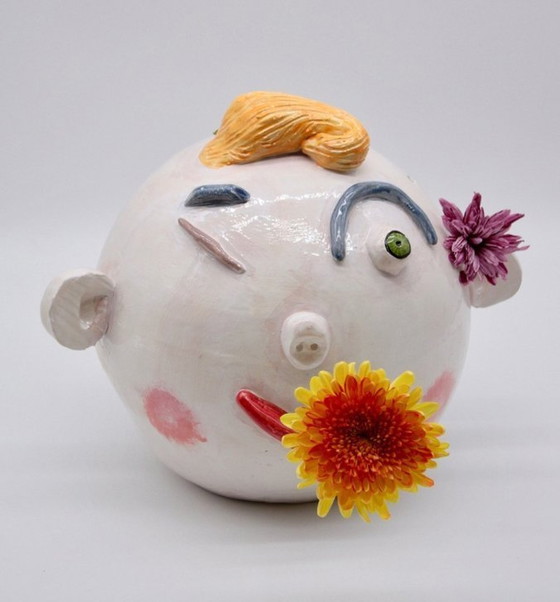 Image 1 of Vase Artisanal Contemporain - Sculpture Bucolique - Pique-Fleurs Head - Enamel - Max Modolo - 2021