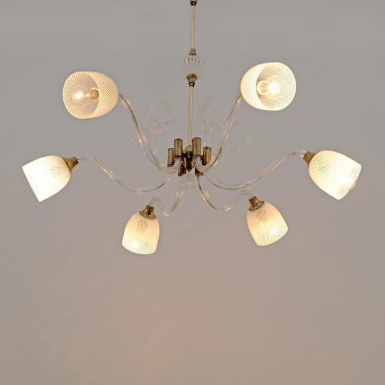 Image 1 of Ercole Barovier Art Dèco Italian Murano Glass And Brass Chandelier, 1935S
