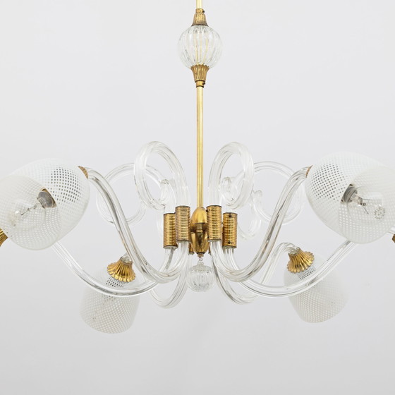 Image 1 of Ercole Barovier Art Dèco Italian Murano Glass And Brass Chandelier, 1935S
