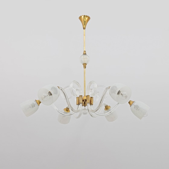 Image 1 of Ercole Barovier Art Dèco Italian Murano Glass And Brass Chandelier, 1935S