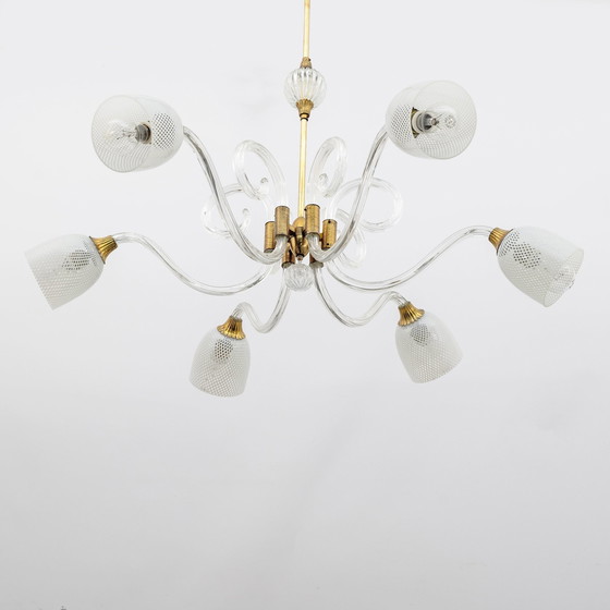 Image 1 of Ercole Barovier Art Dèco Italian Murano Glass And Brass Chandelier, 1935S