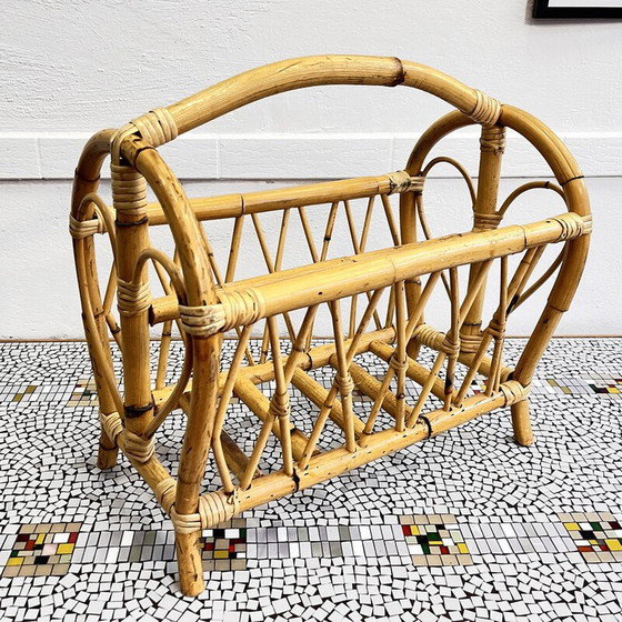 Image 1 of Vintage rattan and wicker newspaper rack, Denmark 1970