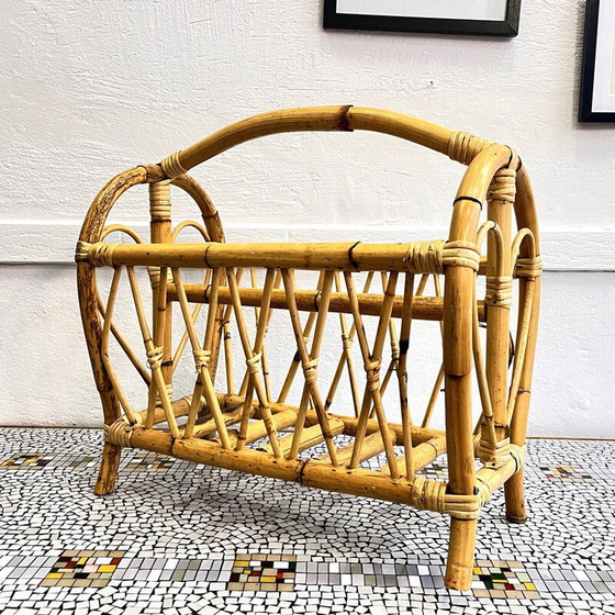 Image 1 of Vintage rattan and wicker newspaper rack, Denmark 1970