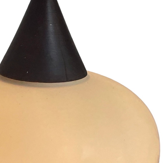 Image 1 of Vintage 50’s MCM Hanging pendant / cascade - Frosted glass on a teak frame and matching ceiling canopy