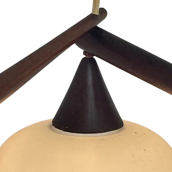 Image 1 of Vintage 50’s MCM Hanging pendant / cascade - Frosted glass on a teak frame and matching ceiling canopy