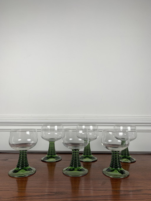 Set Of 6 Vintage Green Stemmed Glasses