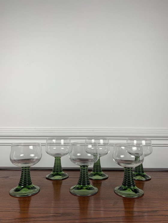 Image 1 of Set Of 6 Vintage Green Stemmed Glasses