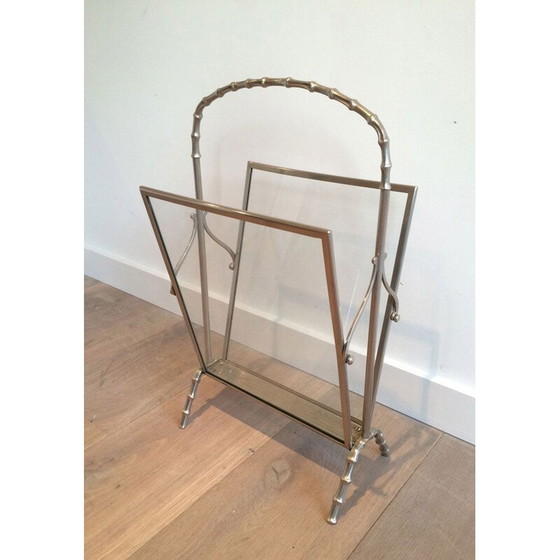 Image 1 of Vintage silver plated bronze faux-bamboo ringed magazine rack, 1940