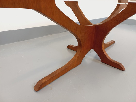 Image 1 of Hugues Poignant Vintage Oval Coffee Table in Teak and Smoked Glass from the 60s and 70s