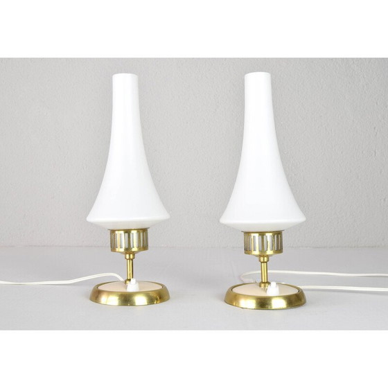 Image 1 of Mid-century Scandinavian brass and opaline pair of table lamps and chandelier, 1950s