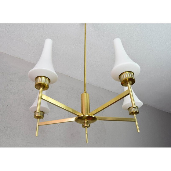 Image 1 of Mid-century Scandinavian brass and opaline pair of table lamps and chandelier, 1950s
