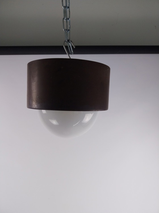 Image 1 of 1 x 1970's plastic and glass ceiling lamp.  In brown and opaline white.