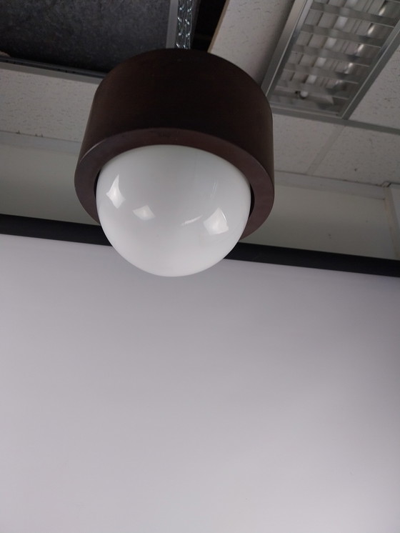 Image 1 of 1 x 1970's plastic and glass ceiling lamp.  In brown and opaline white.