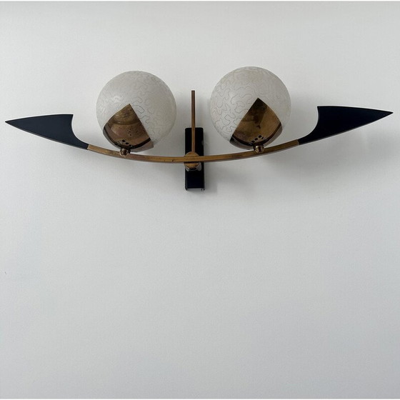 Image 1 of Vintage wall lamp in brass and opaline glass for Arlus, France 1960