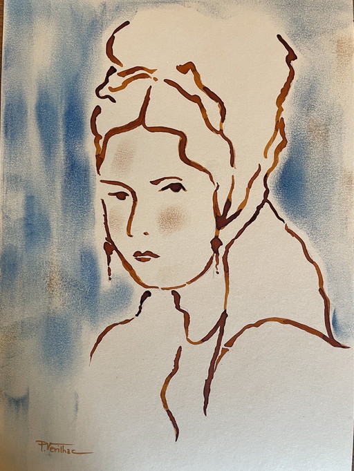 Painting Ink Pastel Portrait Woman The Headdress Art Deco