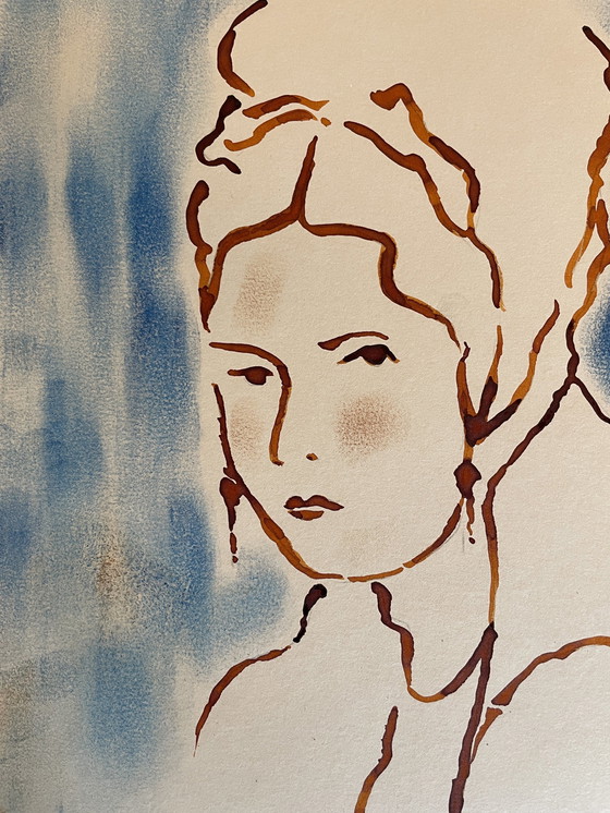 Image 1 of Retrato femenino con tocado Art Déco pintado con tinta pastel