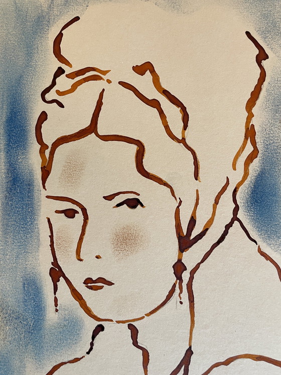 Image 1 of Retrato femenino con tocado Art Déco pintado con tinta pastel