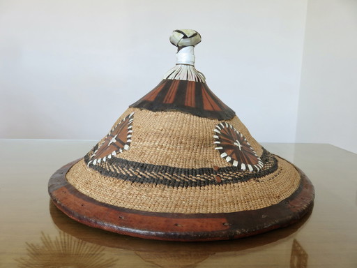 African Conical Hat, Fulani, Leather And Braided Rope, 1900