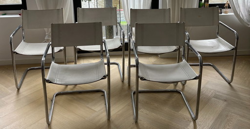 6x Chaises en tube chromé - Cuir blanc