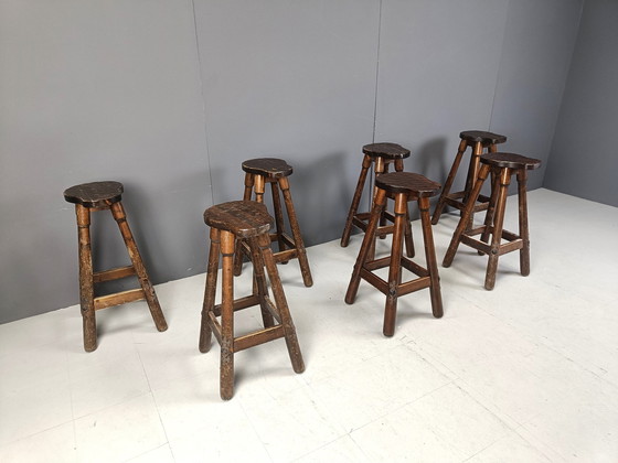 Image 1 of Mid Century Brutalist Bar Stools, 1960S Set Of 7 