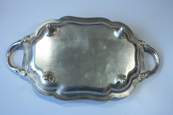 Image 1 of English serving tray on feet Lancaster Silver on Copper