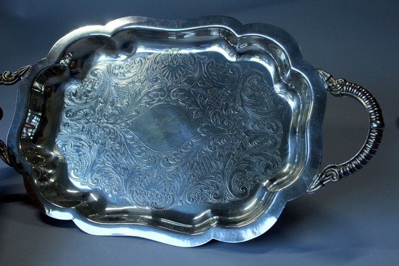 Image 1 of English serving tray on feet Lancaster Silver on Copper