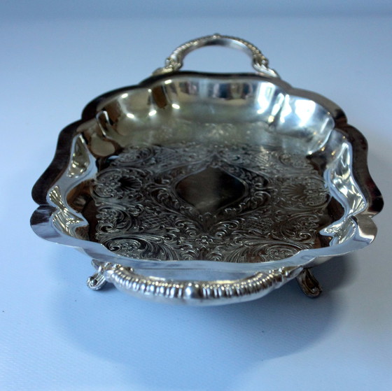 Image 1 of English serving tray on feet Lancaster Silver on Copper