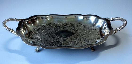 Image 1 of English serving tray on feet Lancaster Silver on Copper