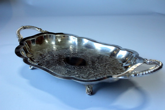 Image 1 of English serving tray on feet Lancaster Silver on Copper