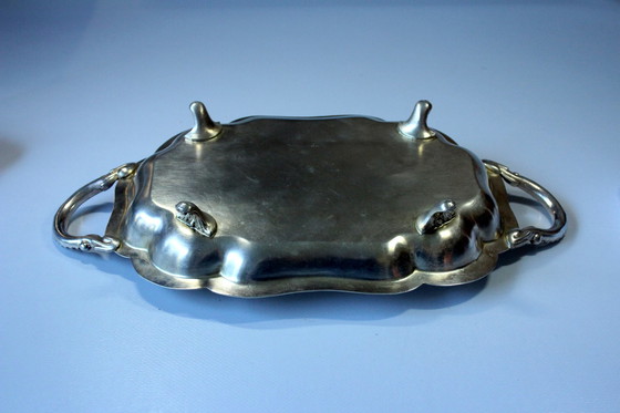 Image 1 of English serving tray on feet Lancaster Silver on Copper