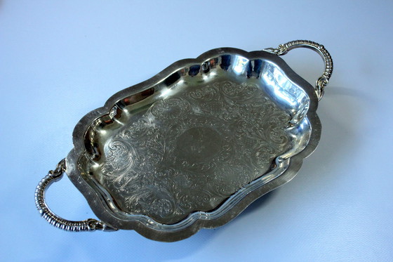 Image 1 of English serving tray on feet Lancaster Silver on Copper