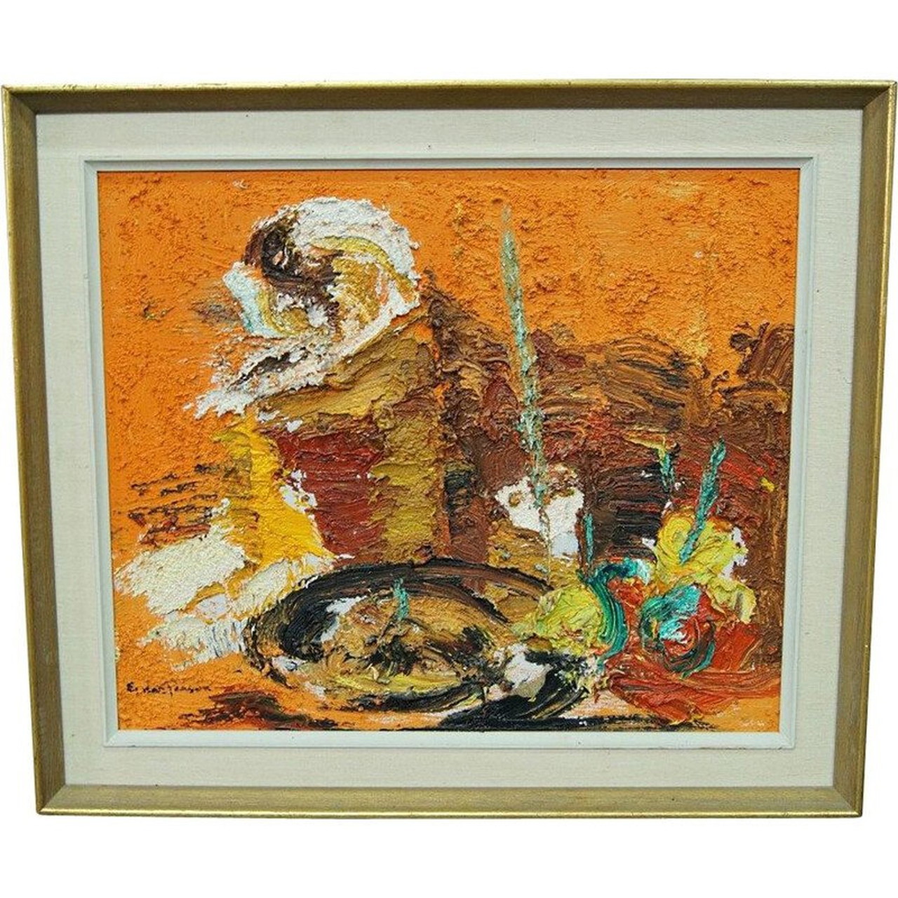 Scandinavian vintage abstract oil painting on canvas by